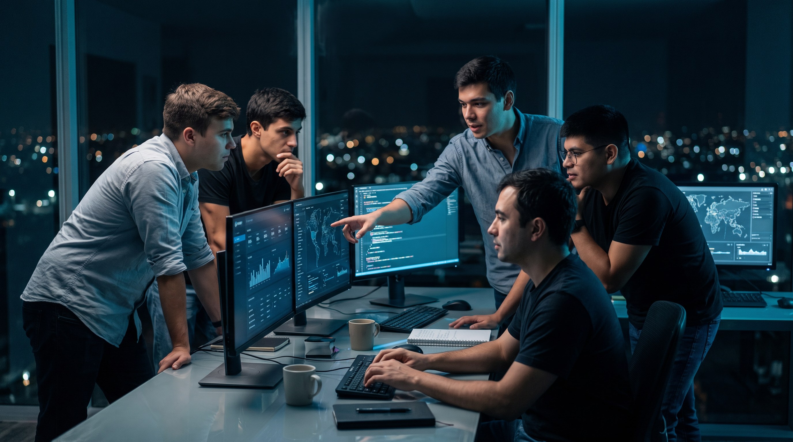 Equipo de desarrollo de HeliosTrack trabajando en la plataforma